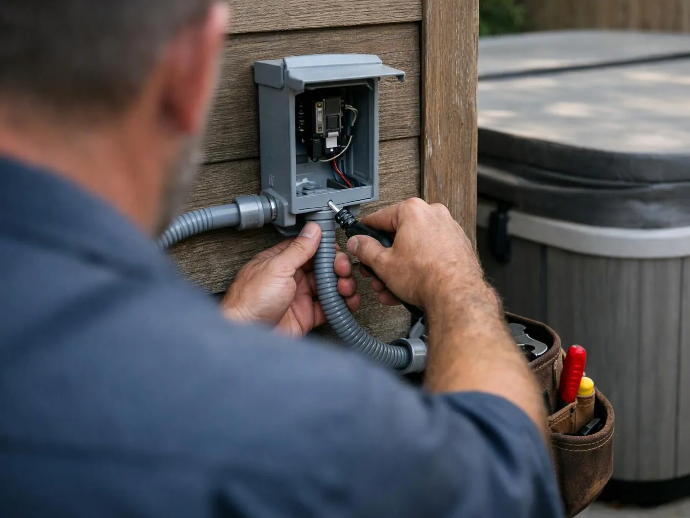 A man wires an open gray electrical box mounted on wood beside a hot tub