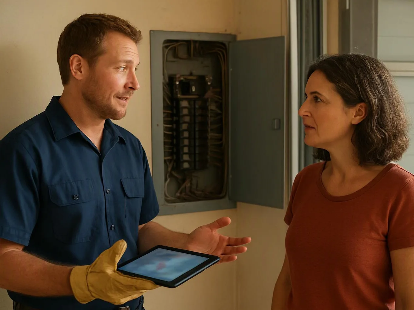 A man in work clothes holds a tablet and talks to a woman beside an open electrical panel