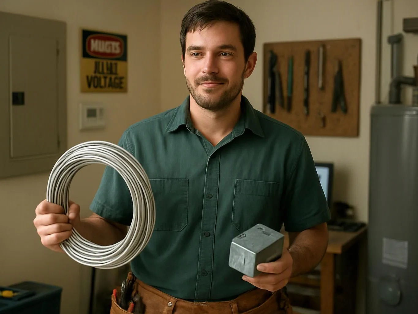 A man in a workshop holds a coil of cable and a metal electrical box