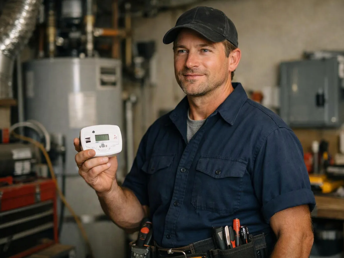 A man in a workshop holds up a small white device while standing near tools and equipment