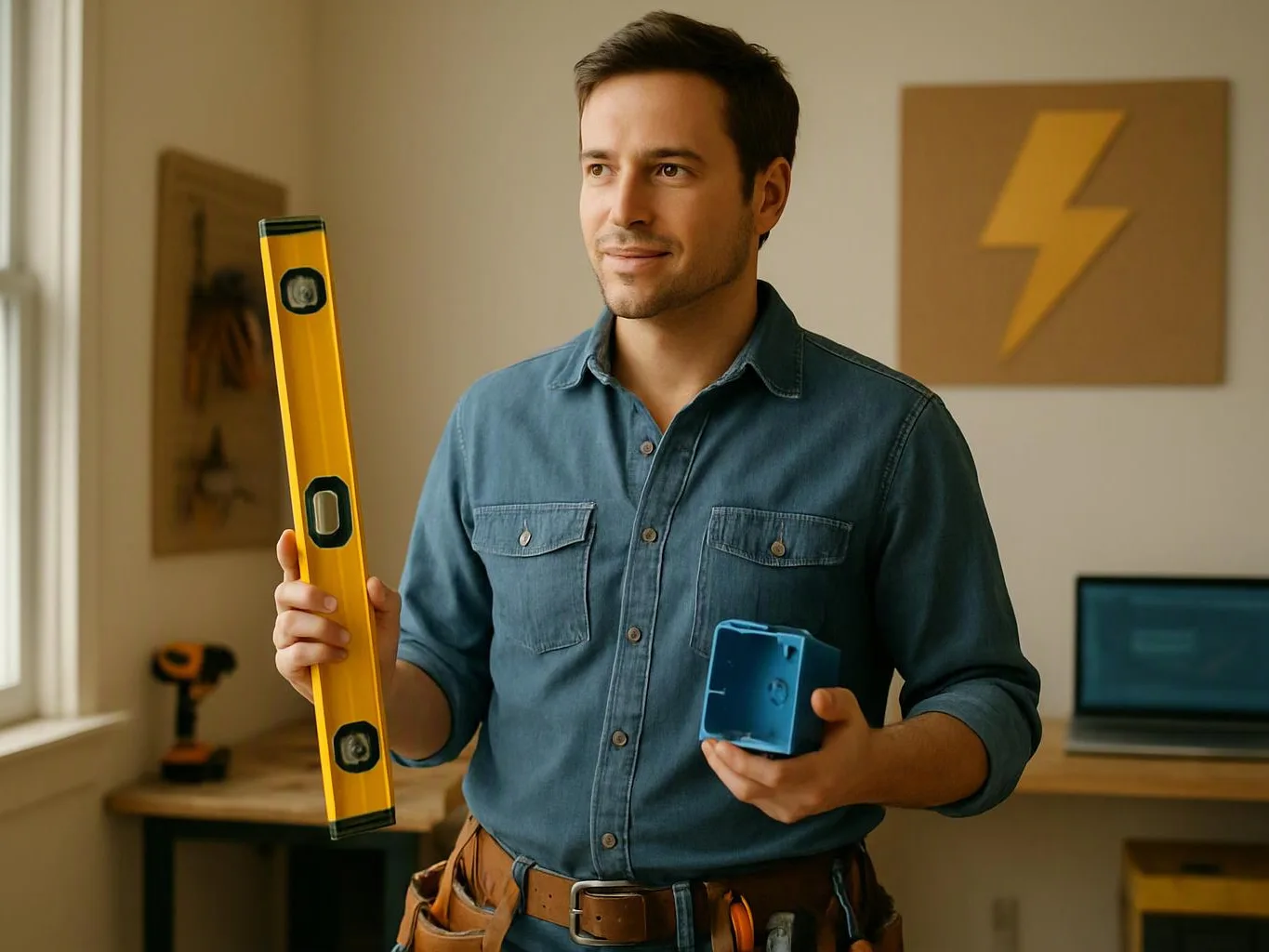 A man in a workshop holds a yellow spirit level and a blue electrical box, standing near a desk and laptop