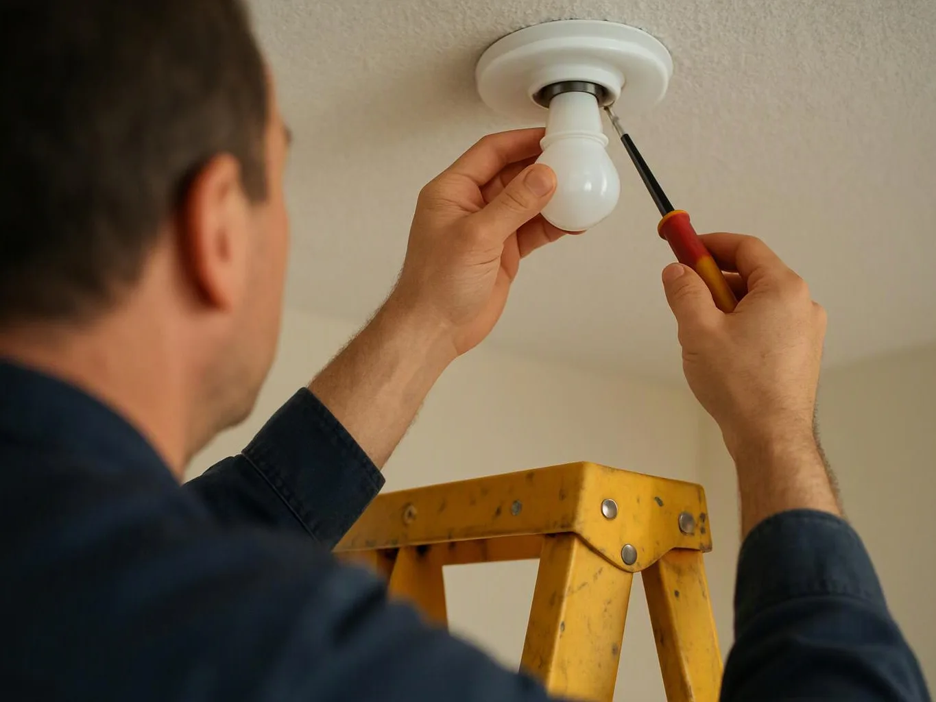 A man on a yellow step stool changes a ceiling light bulb with a screwdriver in a plain room