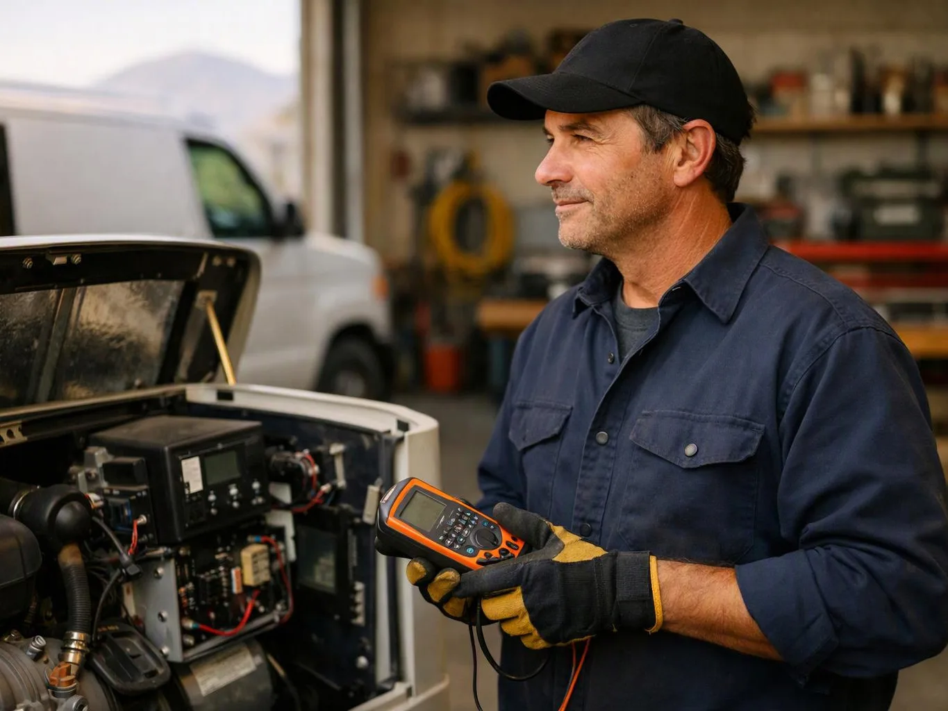 A mechanic in gloves inspects machinery beside an open vehicle hood inside a workshop