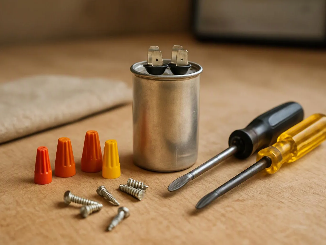 A metal capacitor stands between two screwdrivers, wire nuts, and small screws on a wooden surface