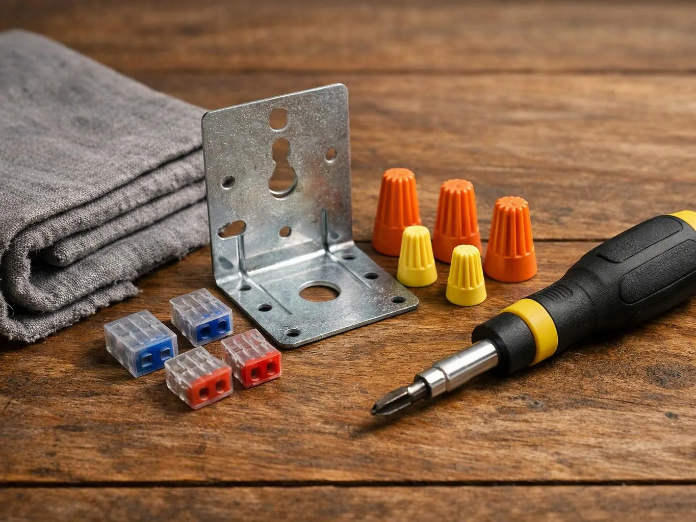 A metal corner bracket sits beside wire connectors, wire nuts, folded cloth, and a screwdriver on a wooden table