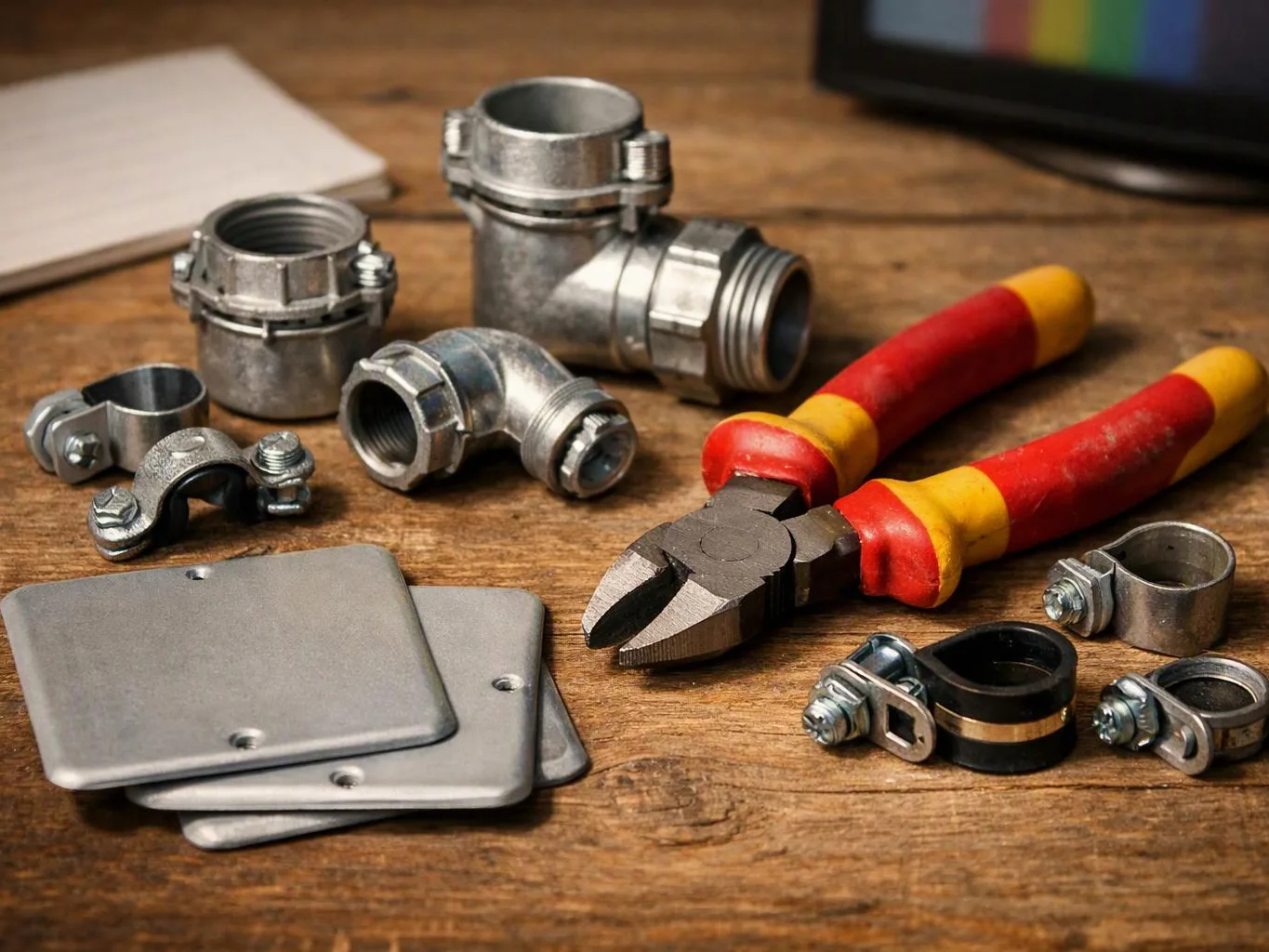 Metal electrical fittings, wire connectors, and red yellow pliers lie on a wooden workbench