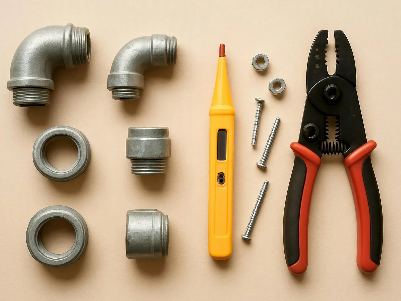 Metal pipe fittings, screws, a yellow tester, and red handled pliers are arranged on a beige surface