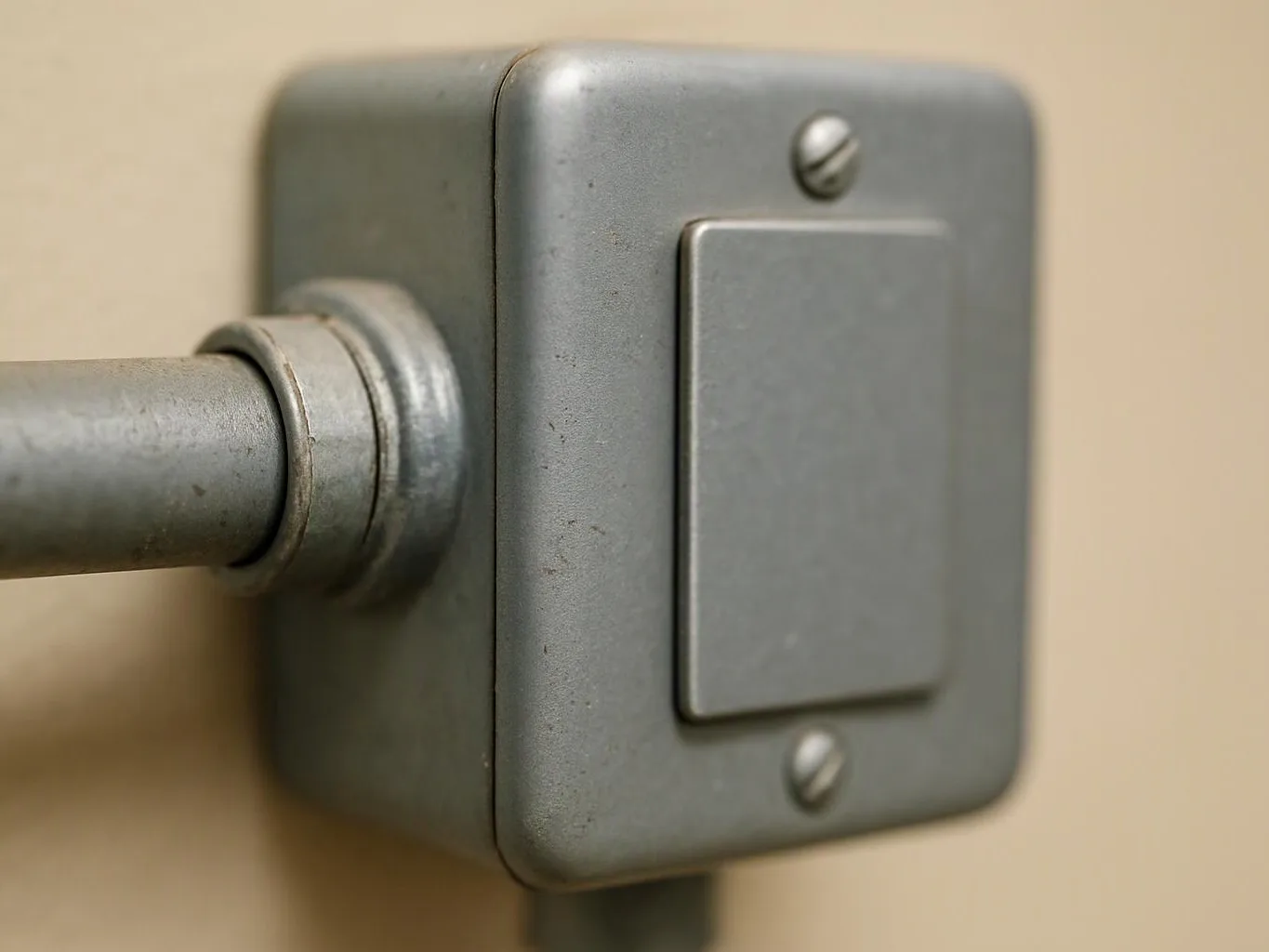 A metal wall switch box with a lever handle sits against a beige wall