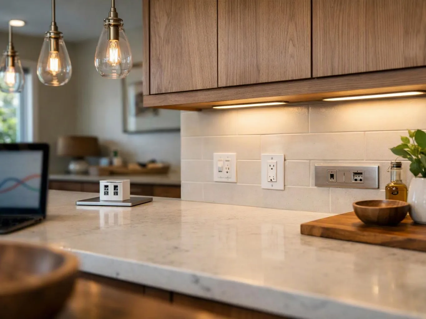 A modern kitchen countertop sits under pendant lights, with wood cabinets, outlets, and small decor items visible