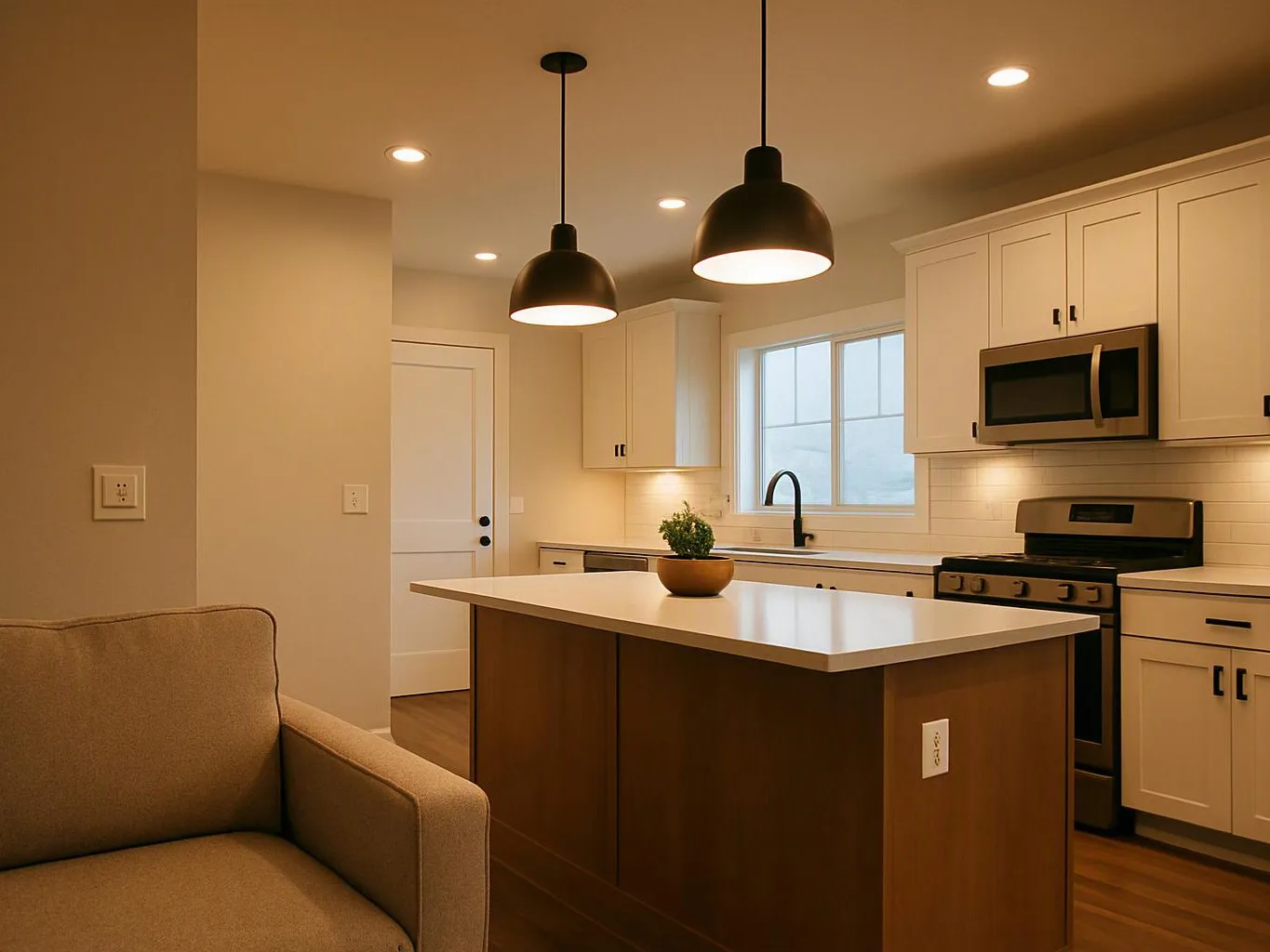 A modern kitchen with white cabinets, a central island, pendant lights, and a tan chair in the foreground