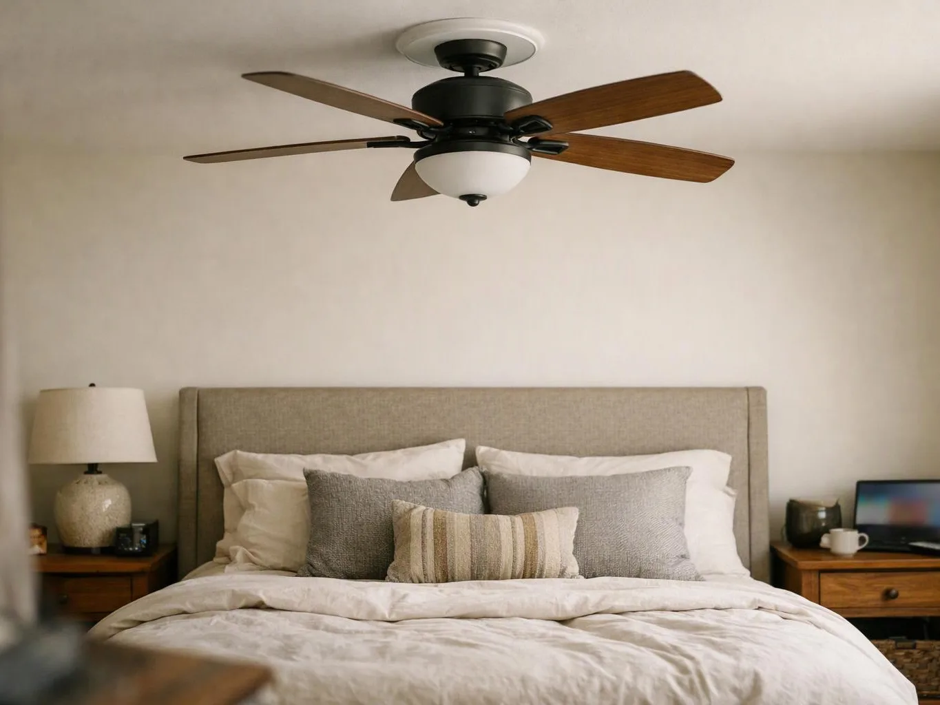 A neatly made bed with pillows sits beneath a ceiling fan in a calm bedroom