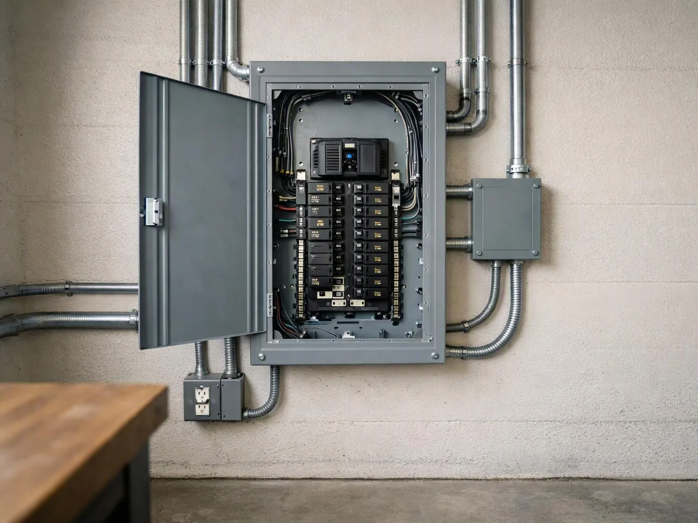 An open electrical breaker panel hangs on a wall with metal conduit and a small junction box nearby