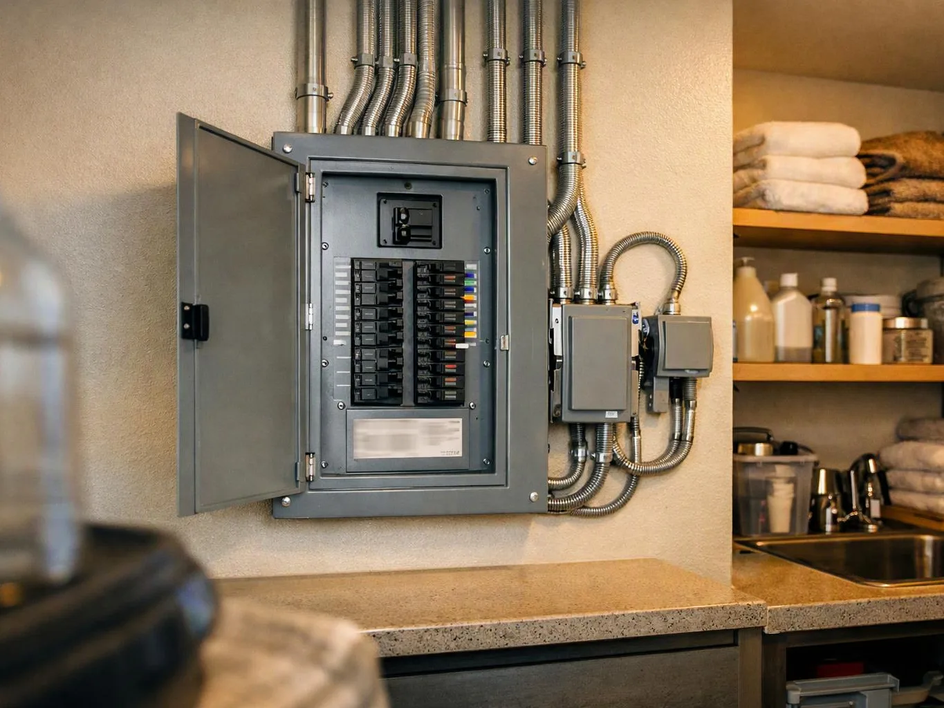 An open electrical breaker panel with metal conduit sits on a wall beside shelves and a sink in a utility room