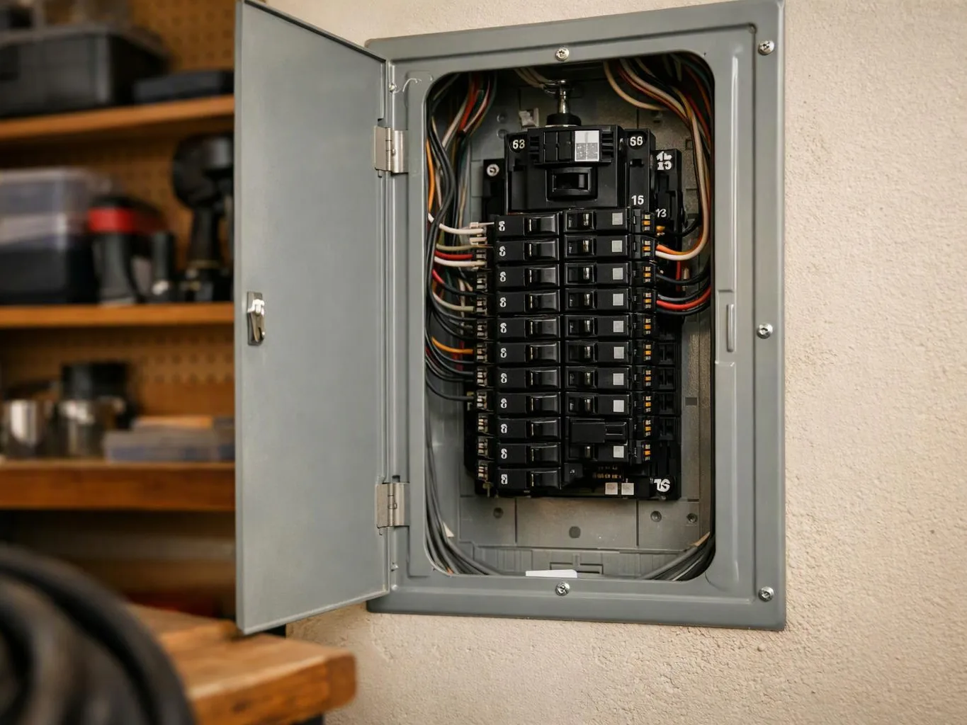 An open electrical breaker panel with rows of switches and multicolored wires is mounted on a beige wall