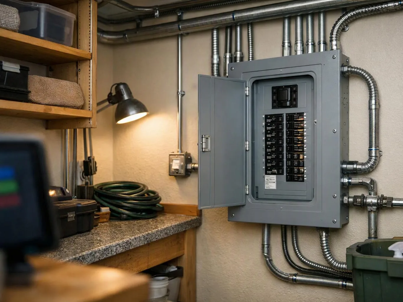 An open electrical panel with circuit breakers hangs on a utility room wall beside metal conduit and shelving