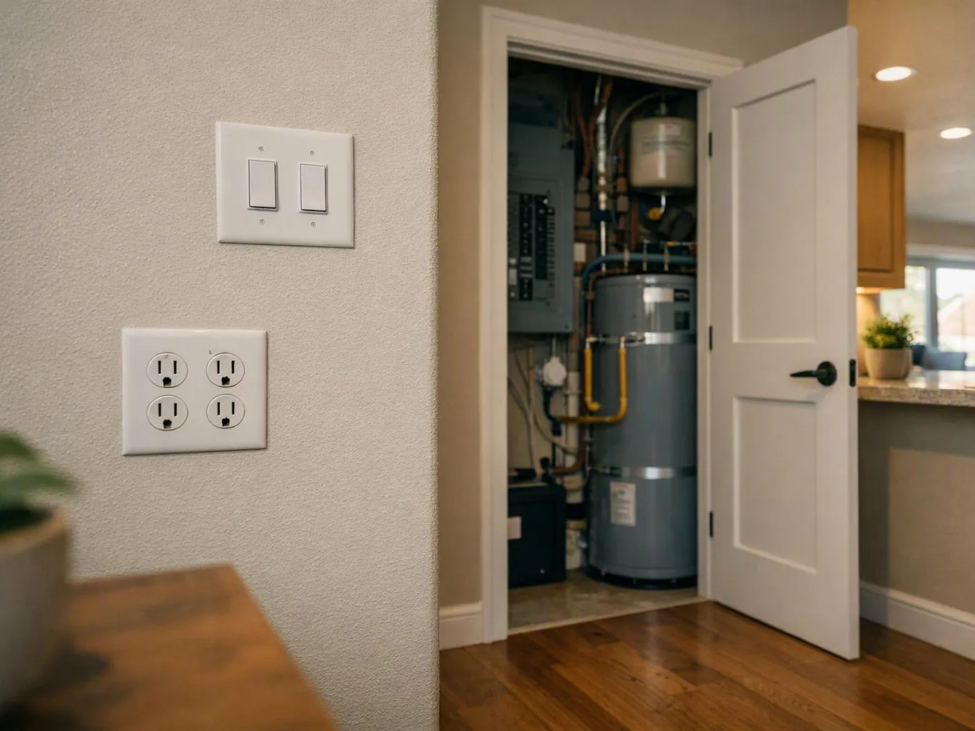 An open utility closet reveals a water heater and pipes beside wall switches and outlets in a home hallway