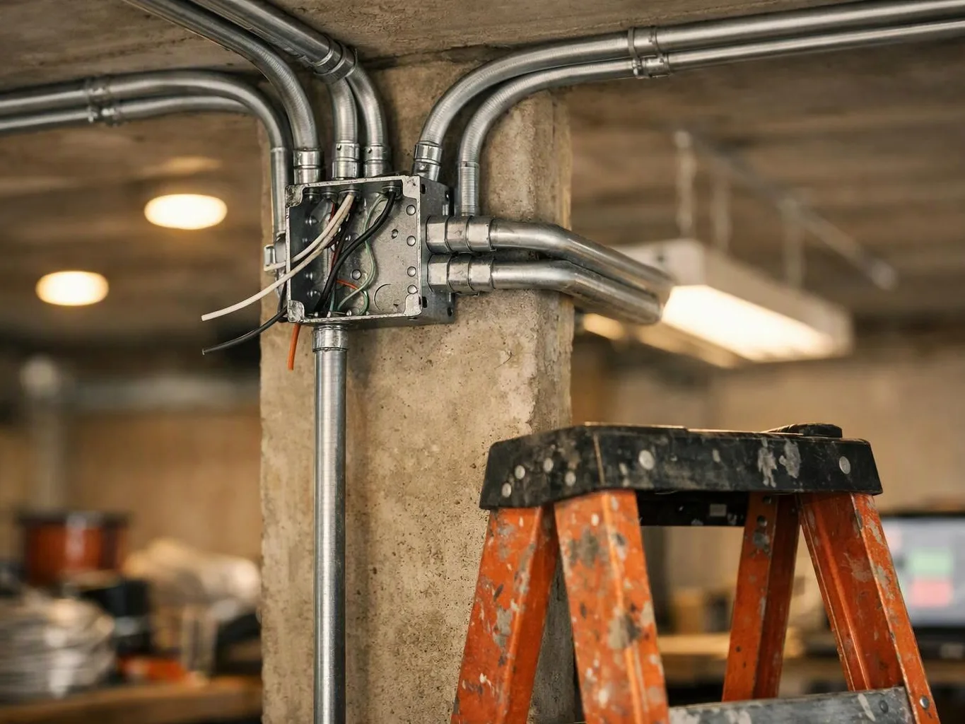 An orange stepladder stands beside a concrete column with exposed metal conduit and an open electrical box