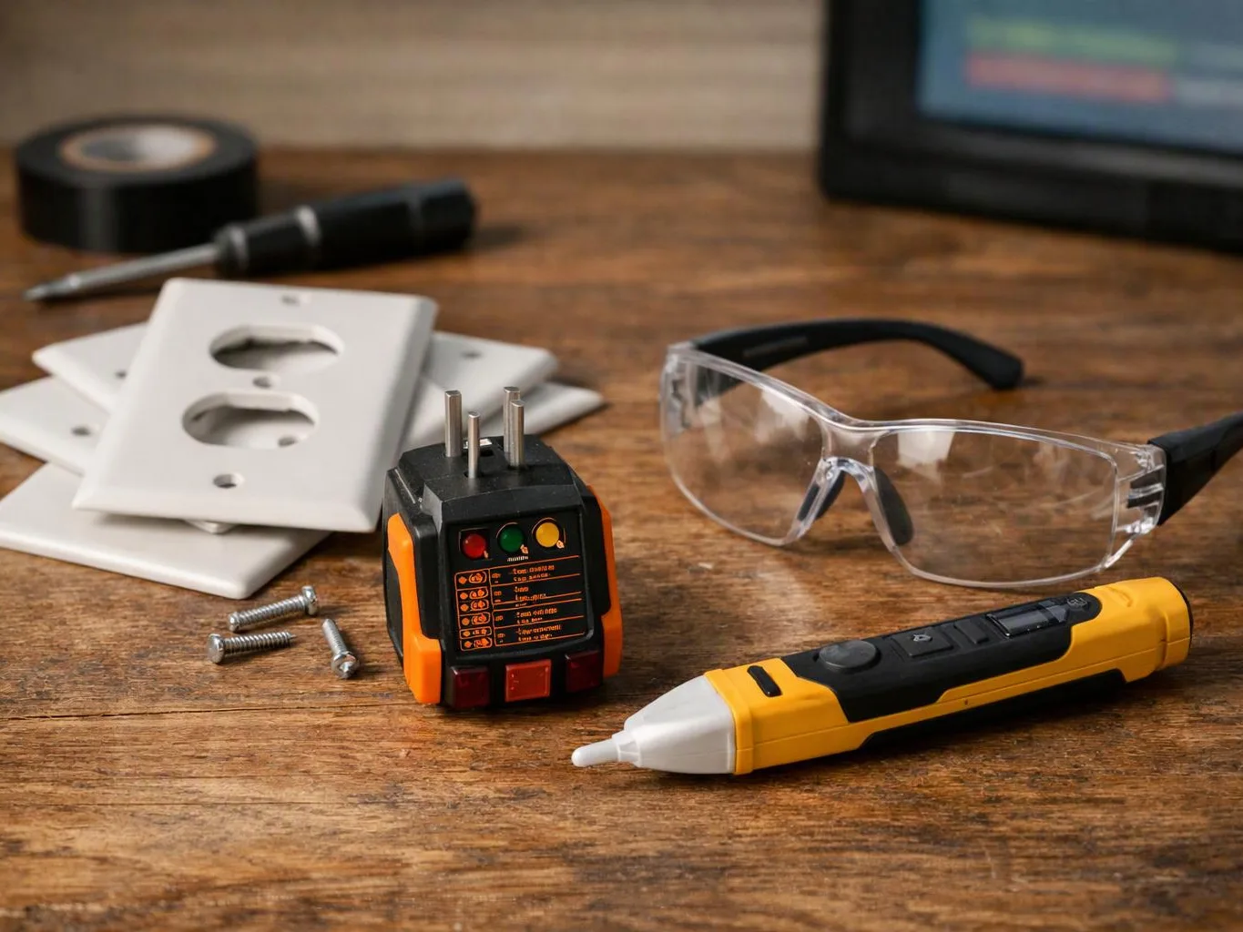 Outlet plates, screws, a plug tester, safety glasses, and a voltage pen sit on a wooden workbench