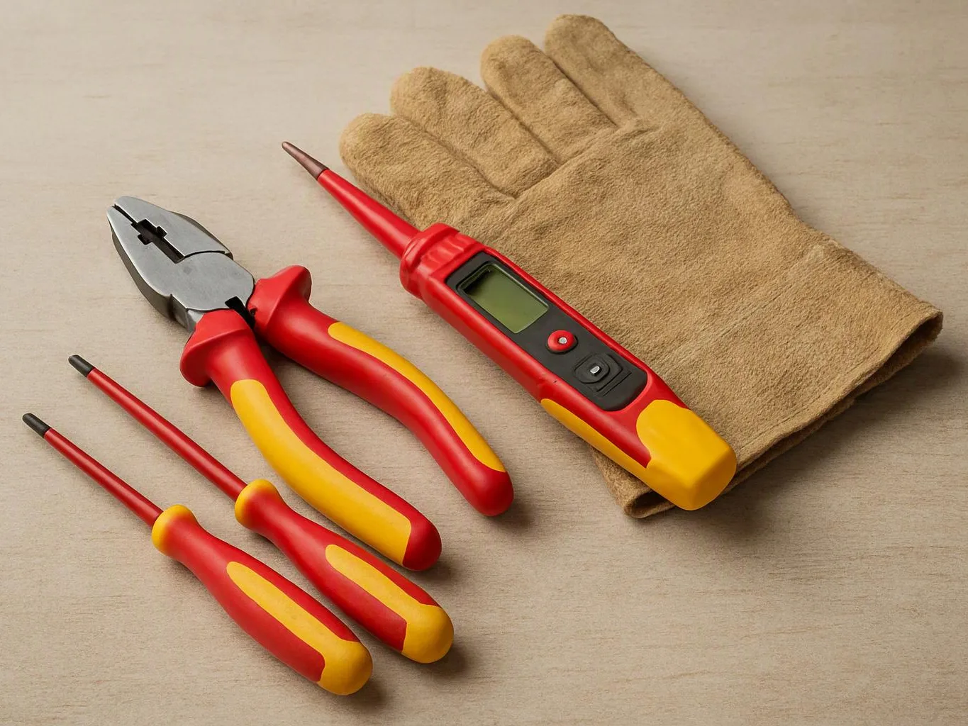 A pair of insulated pliers, two screwdrivers, a digital tester, and a work glove lie on a wooden surface