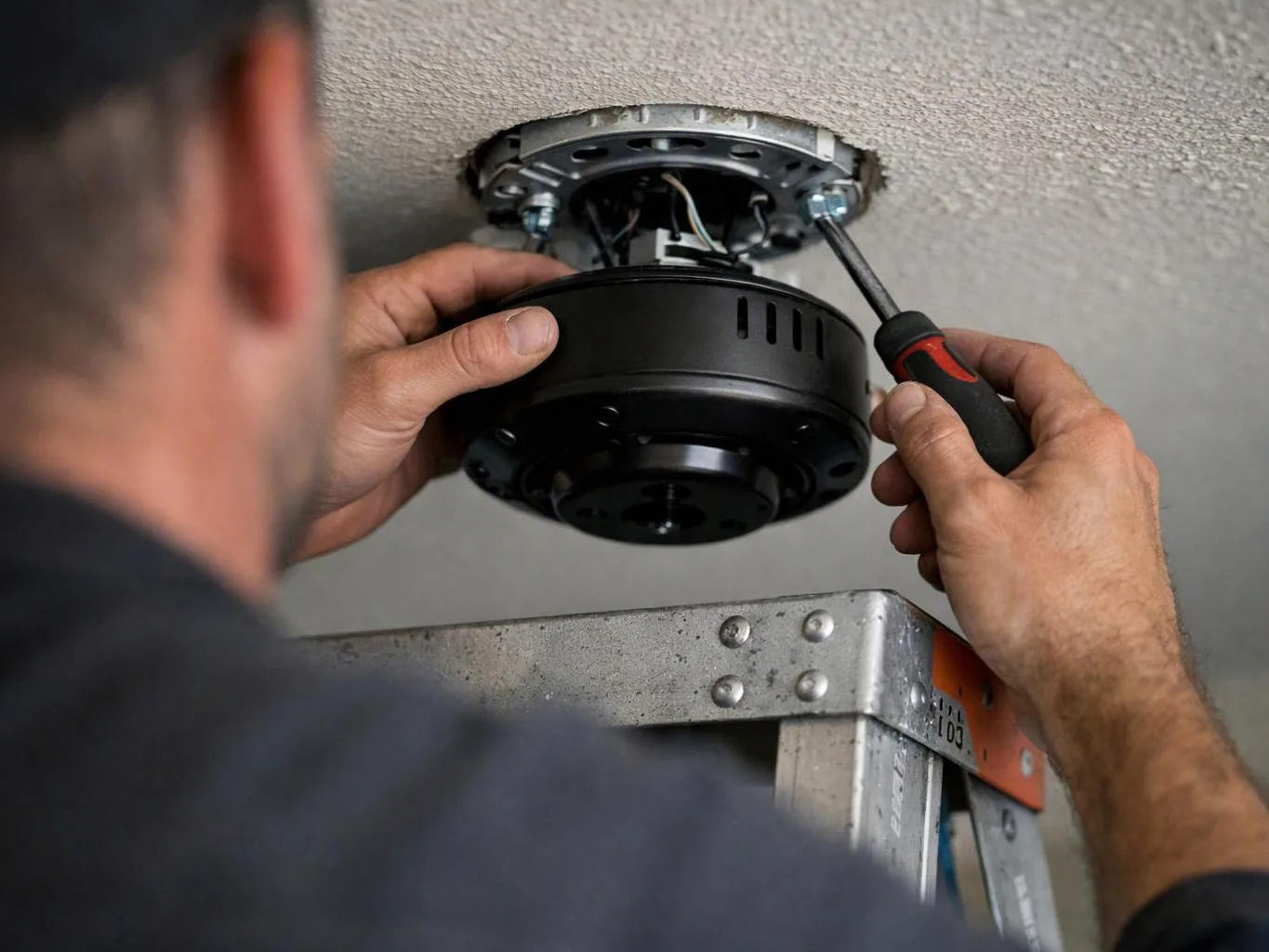 A person installs a ceiling light fixture with a screwdriver while standing on a ladder