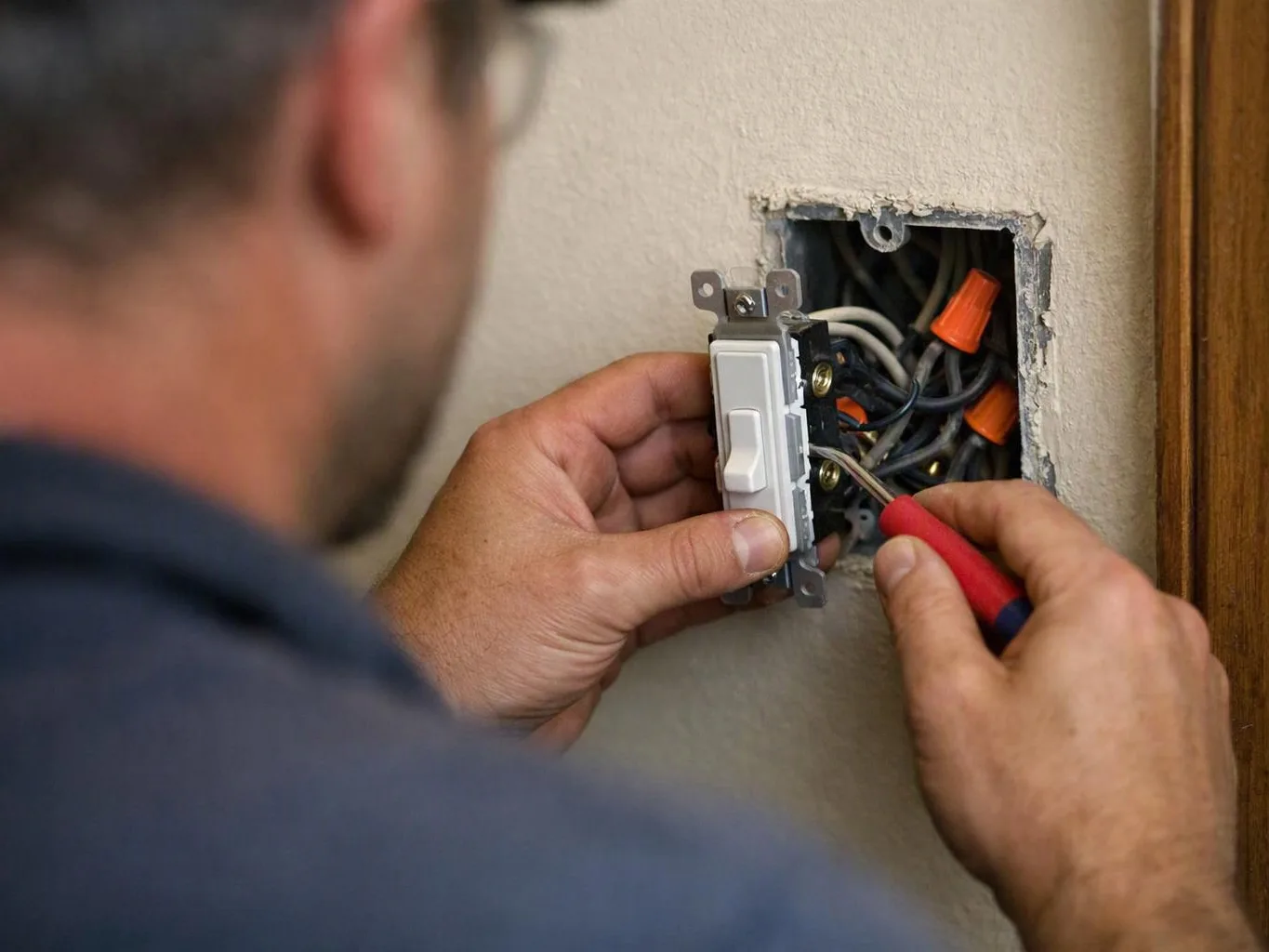 A person installs a light switch while holding exposed wires inside a wall box