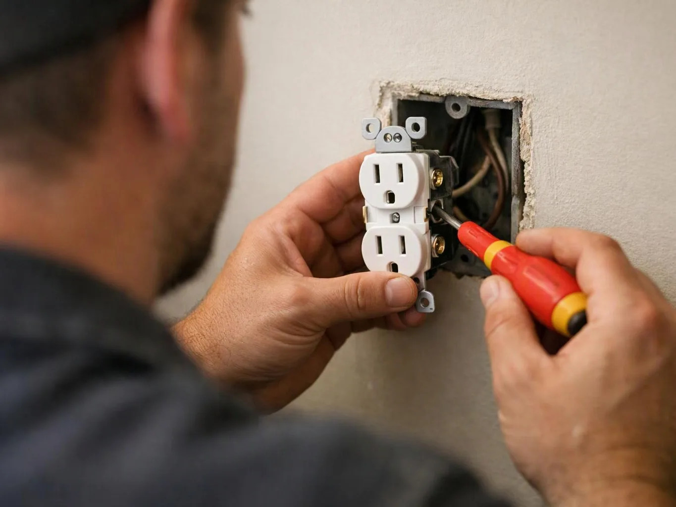 A person installs a wall electrical outlet with a screwdriver in an unfinished opening