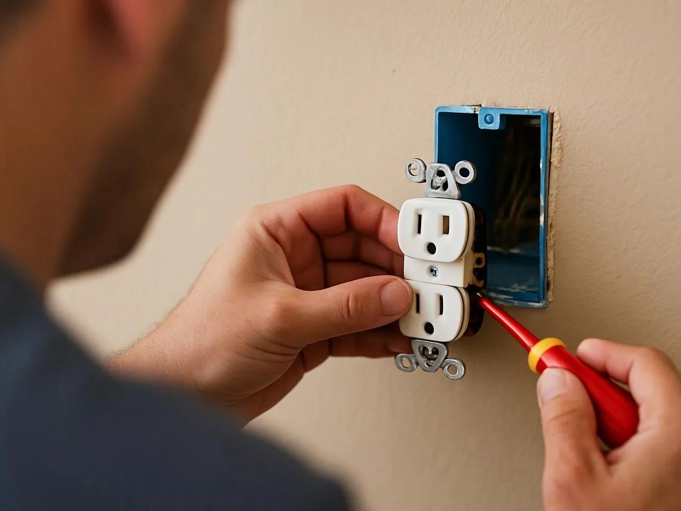 A person installs a wall outlet with a red screwdriver against a beige wall
