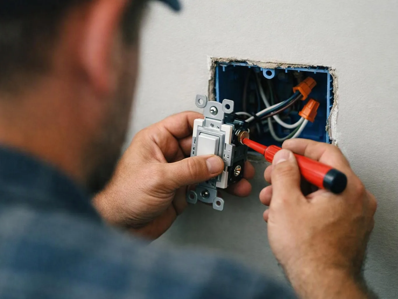 A person installs a wall switch with a red screwdriver beside an open electrical box with wires