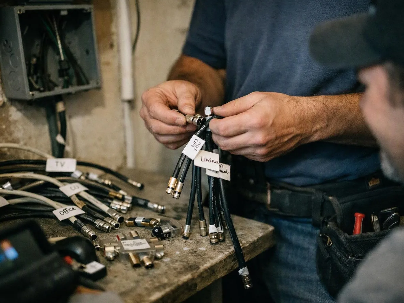 A person sorts labeled black cables on a workbench in a workshop