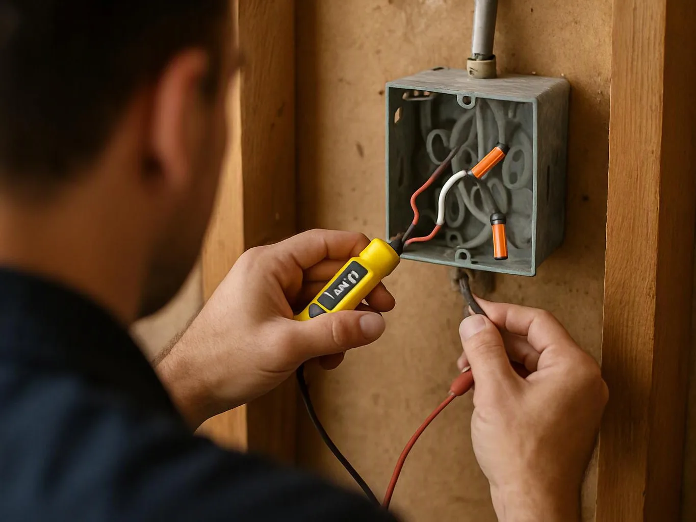 A person tests exposed wires in a metal wall junction box with a yellow tool in a wooden interior space