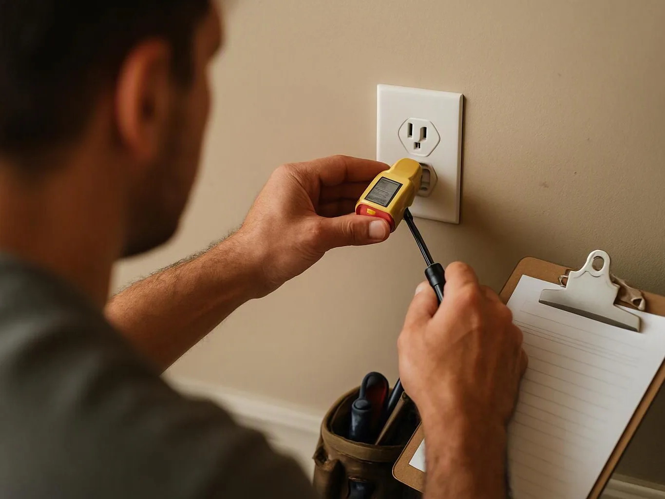A person tests a wall outlet with a small yellow plug-in tool while holding a clipboard nearby