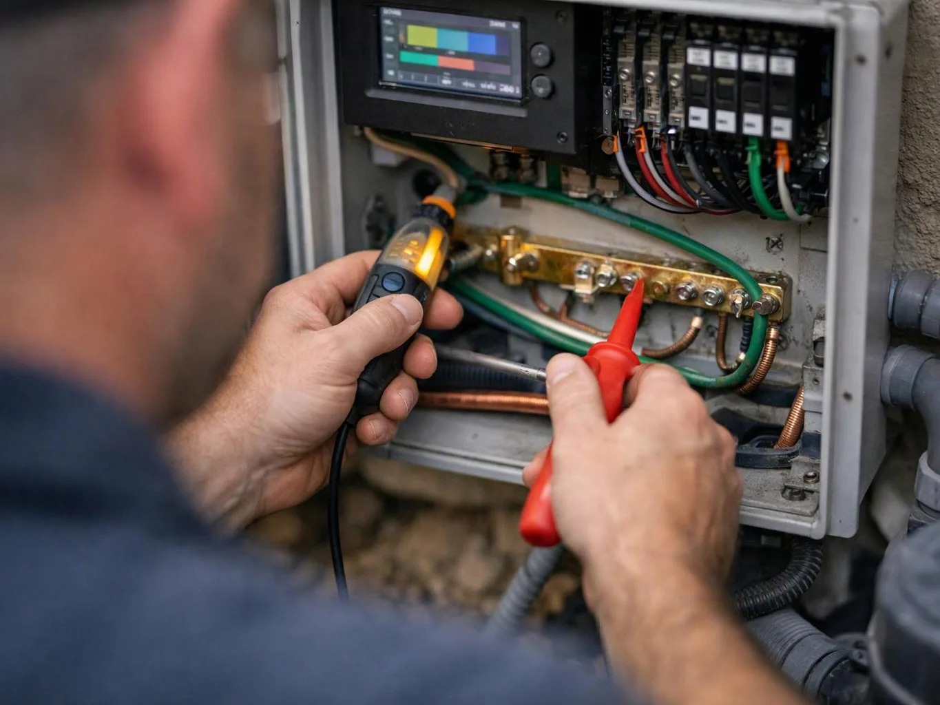 A person tests wiring inside an open electrical control box with a probe and meter, close up