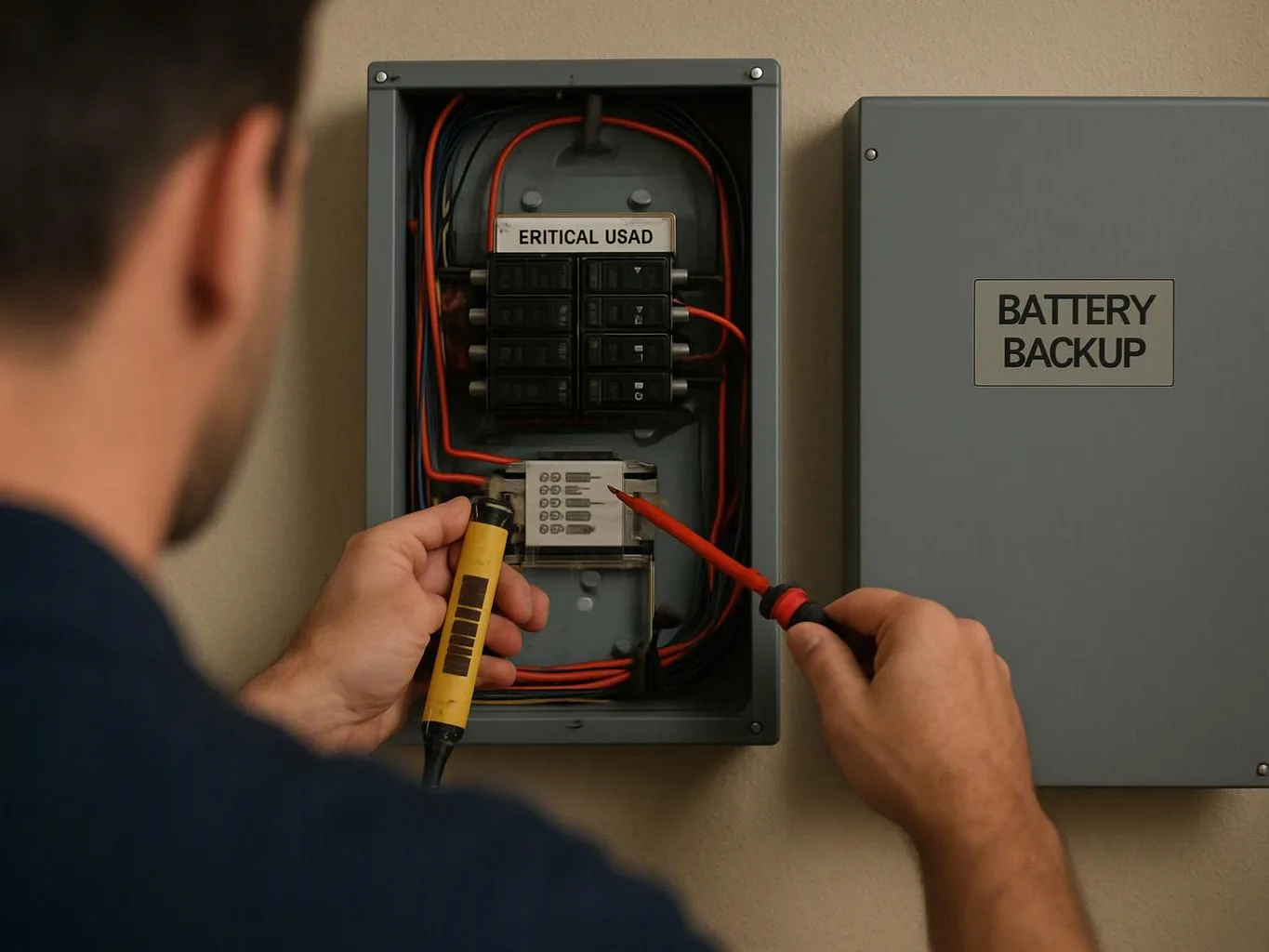 A person tests wiring inside an open electrical panel beside a gray battery backup box