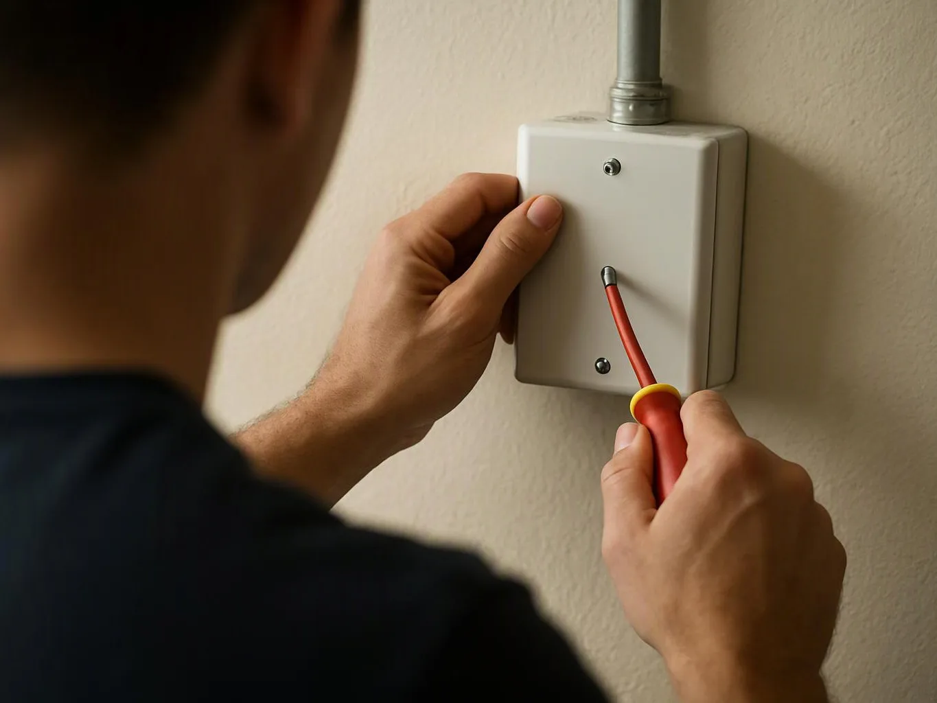 A person uses a red screwdriver on a wall-mounted metal electrical box indoors