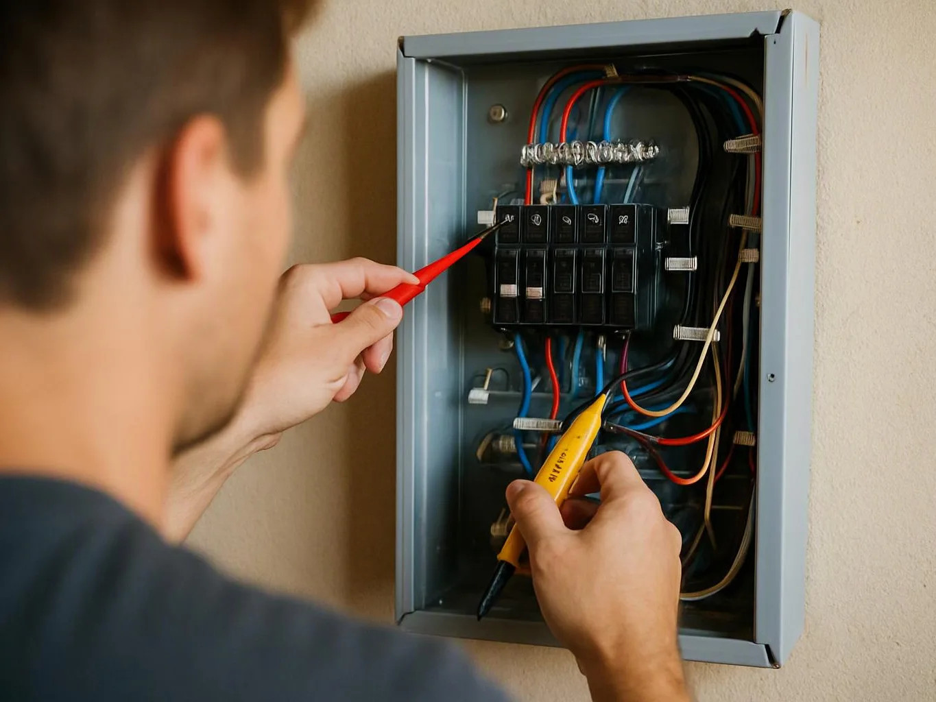 A person uses red and yellow test probes inside an open electrical breaker panel on a wall