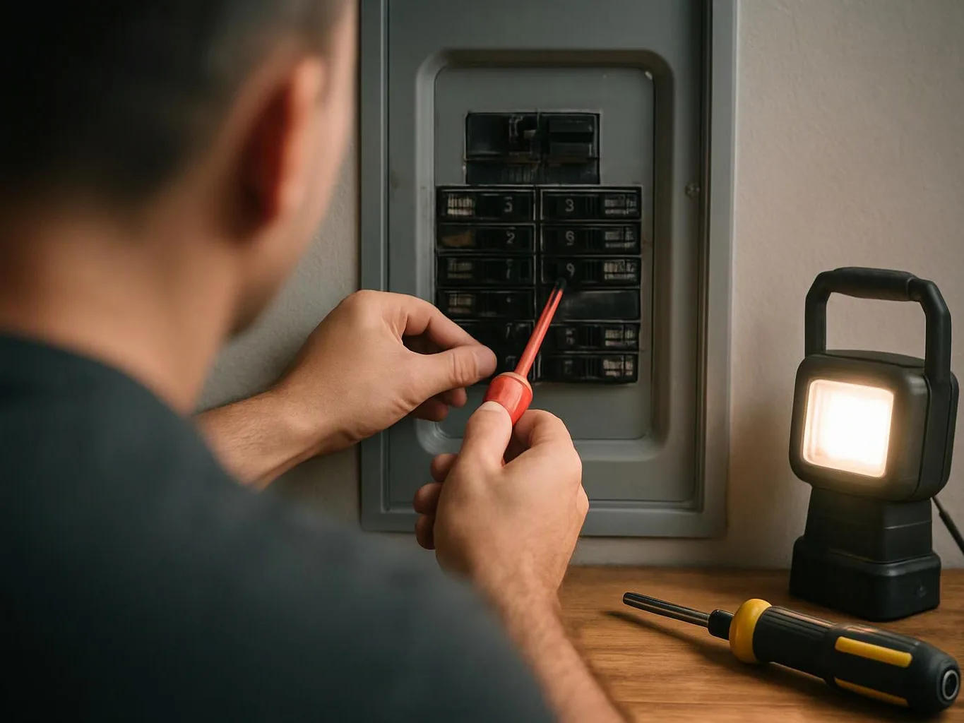 A person uses a screwdriver to work on an electrical breaker panel beside a lit work lamp