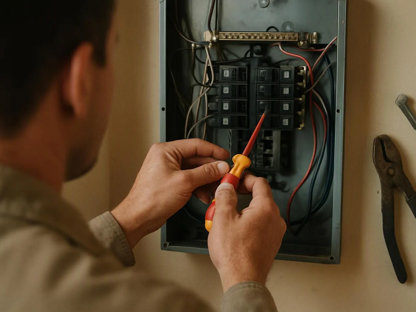 A person uses a screwdriver to work inside an open electrical breaker panel on a wall