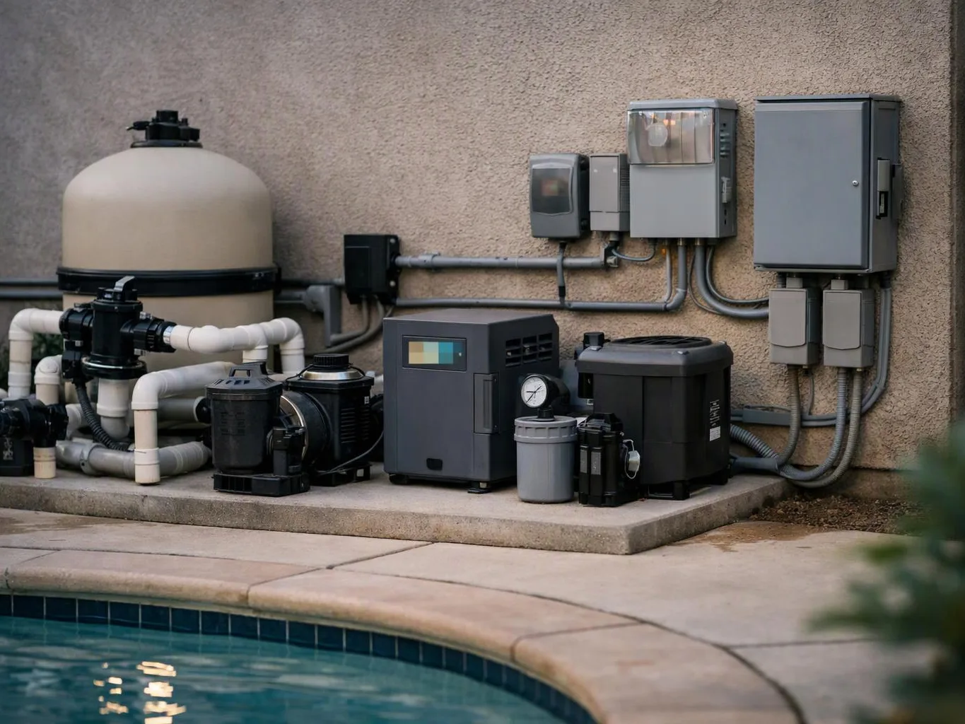 Pool equipment and electrical boxes sit beside a backyard swimming pool against a stucco wall
