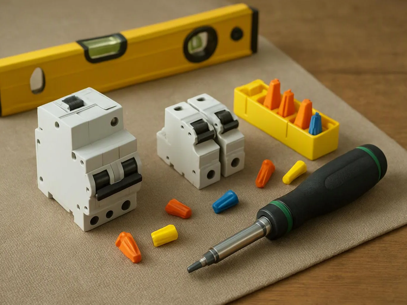 A set of electrical circuit breaker parts, a level, and a screwdriver sit on a beige cloth-covered table