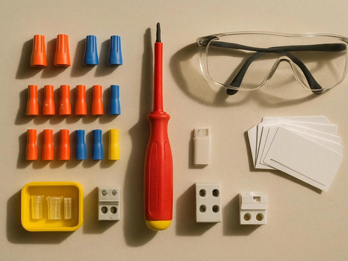 A set of electrical parts, safety goggles, and a red screwdriver lie neatly arranged on a beige surface