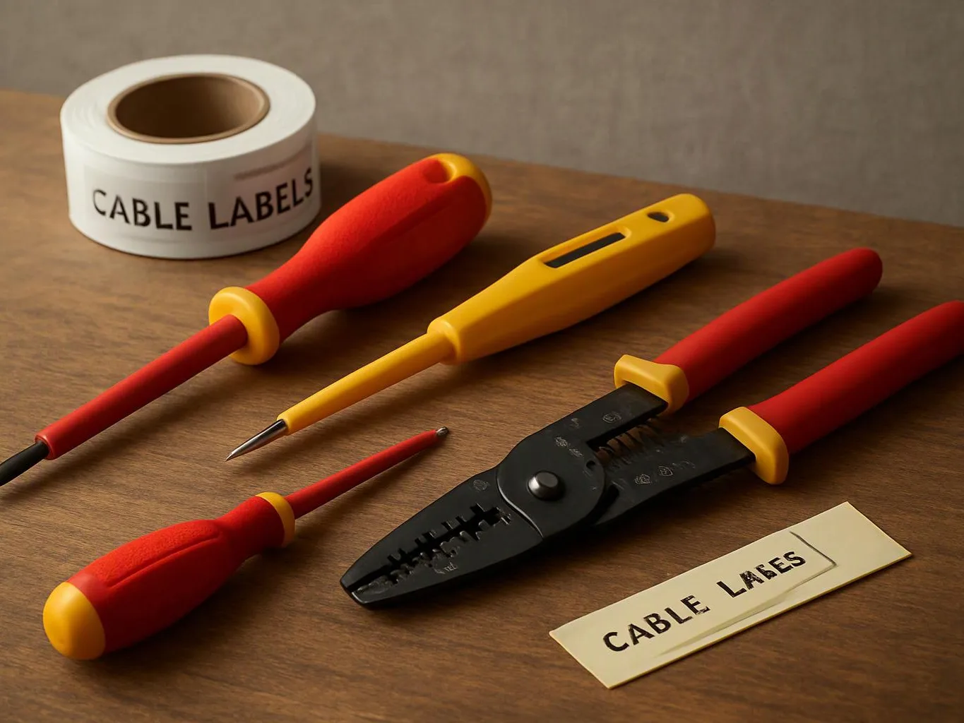 A set of red and yellow screwdrivers and pliers sits beside rolls and strips of cable labels on a wooden table