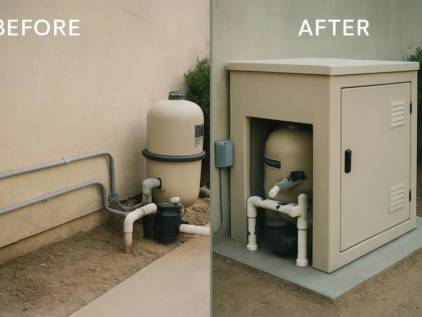 Side-by-side before and after view shows outdoor pipes and a beige utility tank, now enclosed in a beige cabinet
