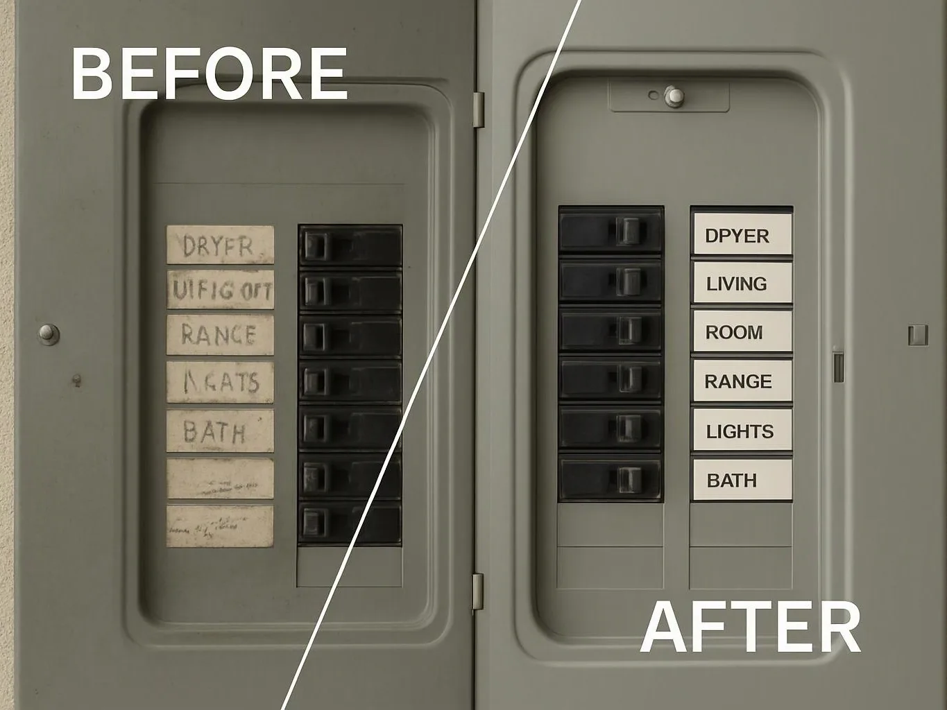 Side by side breaker panels show messy handwritten labels on the left and clean printed labels on the right
