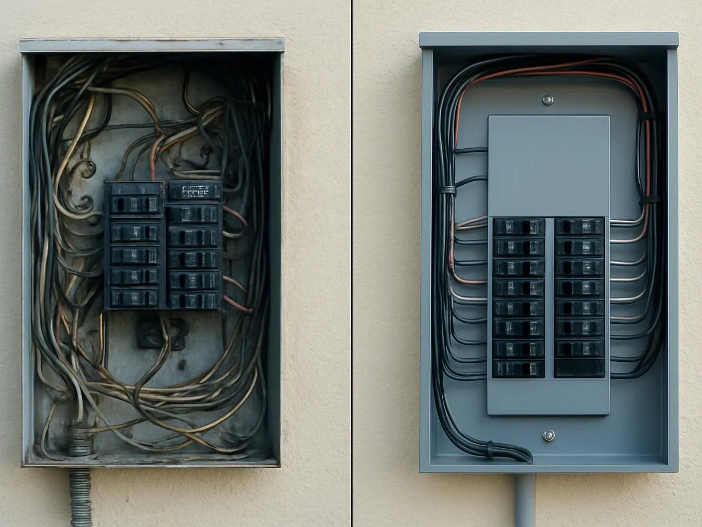 Side-by-side electrical panels show a messy old box on the left and a neat new box on the right