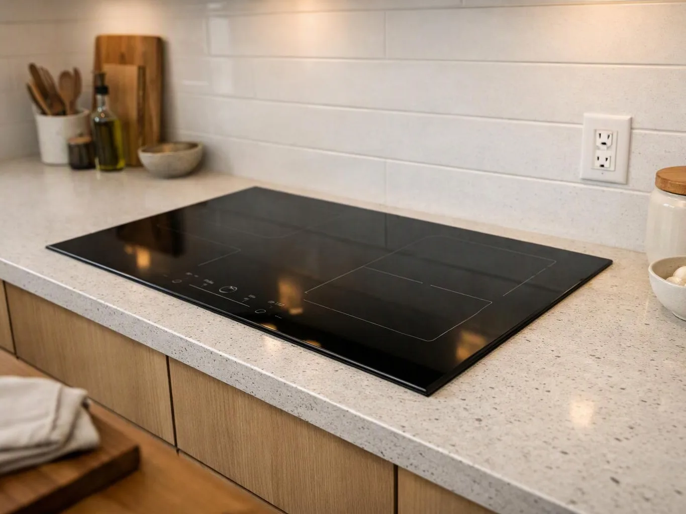 A sleek black induction cooktop sits on a light kitchen countertop beside utensils, a bottle, and a bowl