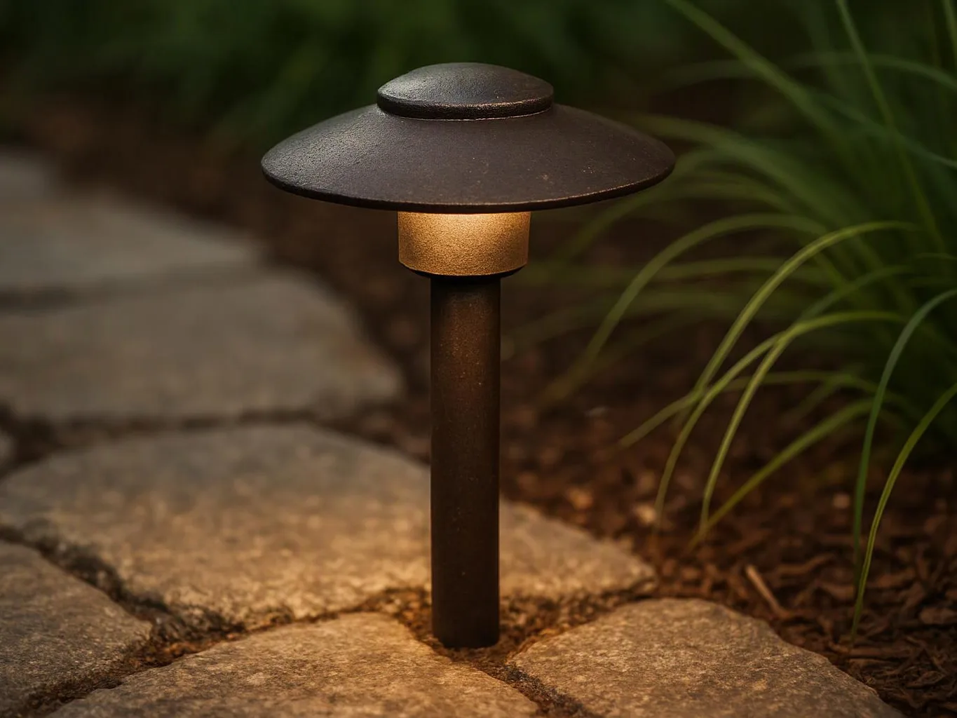A small garden path light glows beside stone pavers and green plants at dusk