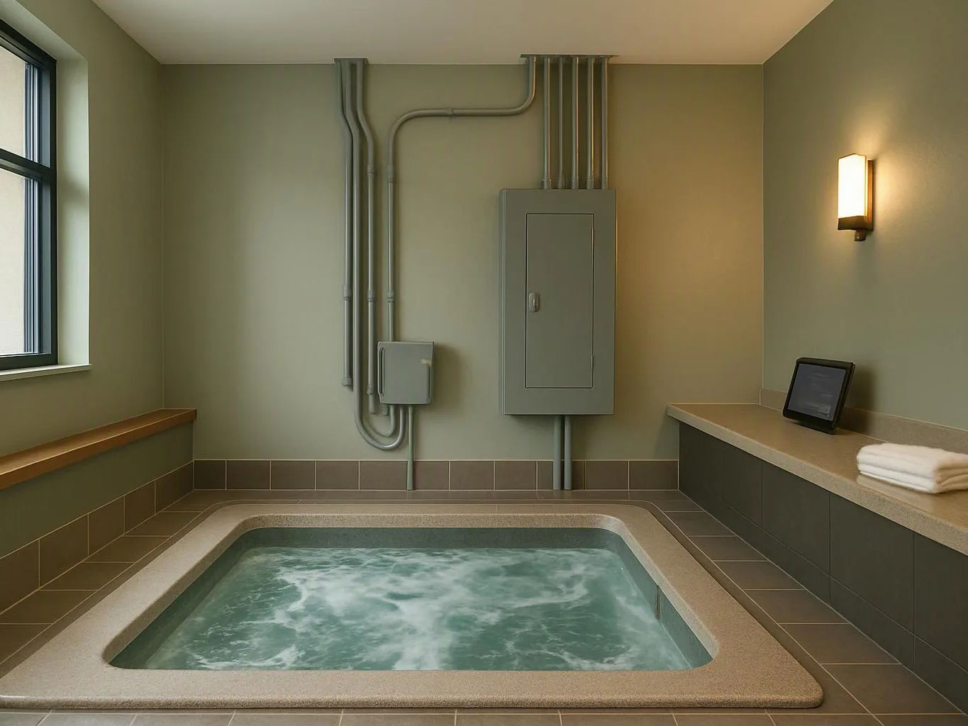 A small indoor spa room shows a bubbling hot tub beside towels, a tablet, and wall-mounted electrical panels