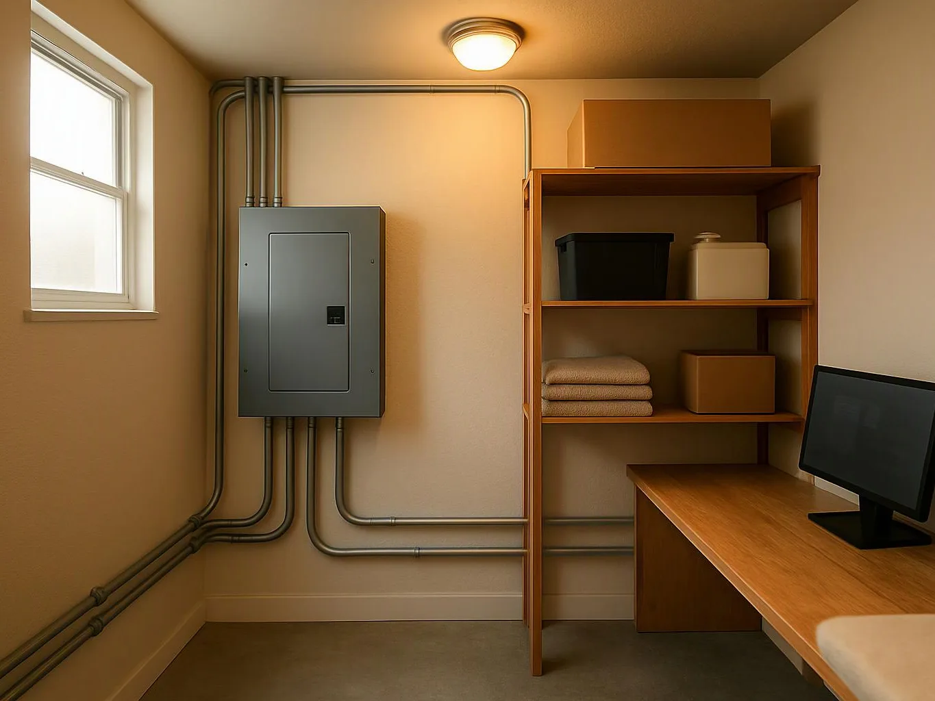 A small utility room shows a breaker panel, exposed pipes, shelves, and a desk with a monitor