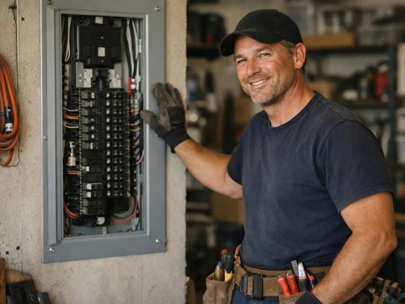 A smiling electrician in a cap and gloves stands beside an open breaker panel in a workshop