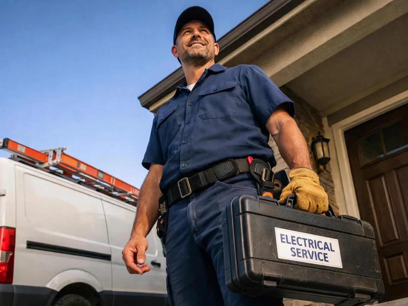 A smiling electrician in navy work clothes stands outside a house holding a black case labeled “ELECTRICAL SERVICE”